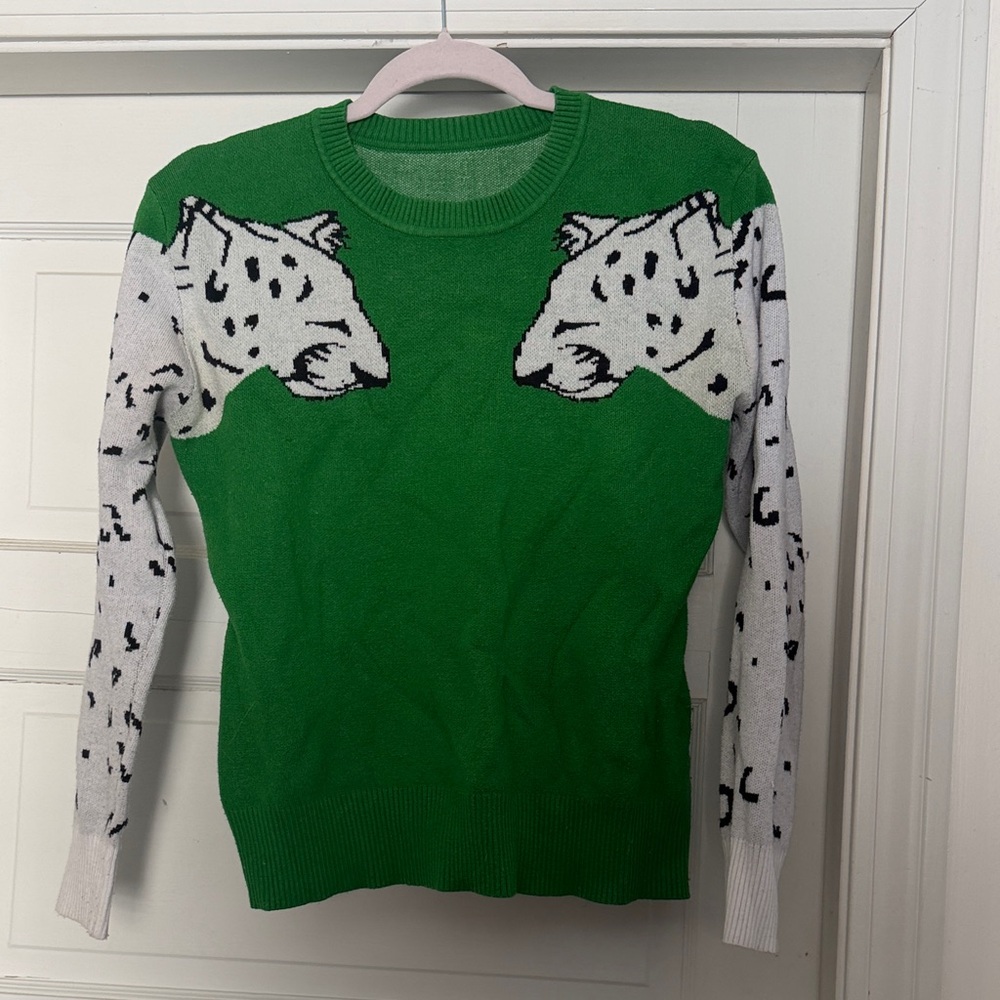 Green Sweater with Leopard Design